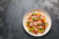 Refreshing dish of fish in citrus juice. Peruvian shrimp, prawn Ceviche marinated in oranges and lime.