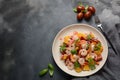 Refreshing dish of fish in citrus juice. Peruvian shrimp, prawn Ceviche marinated in oranges and lime.