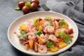 Refreshing dish of fish in citrus juice. Peruvian shrimp, prawn Ceviche marinated in oranges and lime.