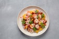 Refreshing dish of fish in citrus juice. Peruvian shrimp, prawn Ceviche marinated in oranges and lime.