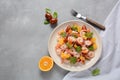 Refreshing dish of fish in citrus juice. Peruvian shrimp, prawn Ceviche marinated in oranges and lime.