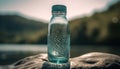 Refreshing drink in clear glass bottle, nature purified liquid generated by AI