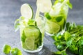 Refreshing drink with cucumber, lime, mint