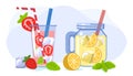 Refreshing drink with ice orange and strawberry Summer vector illustration