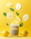 A refreshing drink with lemon slices, chia seeds, and mint on a bright yellow background Royalty Free Stock Photo