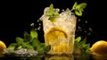Refreshing drink with lemon slices, mint leaves, ice cubes and water splashes Generative AI Royalty Free Stock Photo