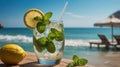 Refreshing Lemonade Cocktail on Sunny Beach with Loungers in the Background Royalty Free Stock Photo
