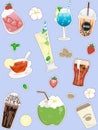 Refreshing drinks cute icon set-Sticker dash frame style Royalty Free Stock Photo