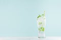 Refreshing fitness cold mineral beverage with green mint, ice cubes, sparkling water, straw in misted glass in modern mint color. Royalty Free Stock Photo