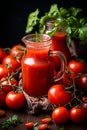 Refreshing freshly squeezed tomato juice on rustic dark background, perfect for a delicious beverage