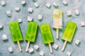 Refreshing frozen fruit green juice on a stick with slices of ice on a blue background. Healthy eating. View from above. Cooling f