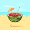 Refreshing fruit cocktail, watermelon half, straw and cocktail umbrella on the seashore. Summer illustration, clip art