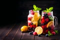 Refreshing fruit drink with pieces of fruit and ice cubes on a dark background