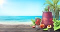 Refreshing fruit juice on the tropical beach, summer background