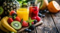 Refreshing fruit juices with fresh berries and mint on a wooden table Royalty Free Stock Photo