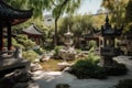 refreshing garden with water features and stone lanterns, surrounded by chinese pagodas Royalty Free Stock Photo