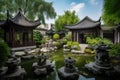 refreshing garden with water features and stone lanterns, surrounded by chinese pagodas Royalty Free Stock Photo