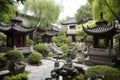 refreshing garden with water features and stone lanterns, surrounded by chinese pagodas Royalty Free Stock Photo