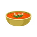 Refreshing gazpacho soup in ceramic bowl. Delicious dish of Spanish cuisine. Flat vector element for menu