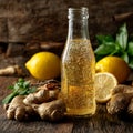 Refreshing ginger lemon drink in glass bottle on wooden table surface Royalty Free Stock Photo