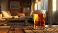 Refreshing glass of beer on a table during golden hour