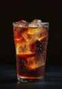 Refreshing glass of cola with ice on a dark background