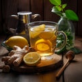 Refreshing glass cup of delicious ginger lemon honey tea with rustic wooden table background Royalty Free Stock Photo