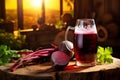 Refreshing glass of freshly prepared beet juice displayed on a charming rustic background