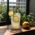 Refreshing glass of ice-cold lemonade with lemon slices and mint garnish