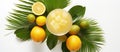 Refreshing glass of lemonade with lemons, limes, and palm leaves Royalty Free Stock Photo