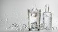Refreshing glass of sparkling water with ice and splashes, clear bottle in background, hydration concept on white