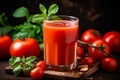 Refreshing glass of tomato juice with fresh ripe tomatoes on rustic wooden table Royalty Free Stock Photo