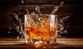 A Refreshing Glass of Whiskey with Splashing Ice and Water