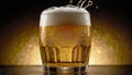 Refreshing golden foamy beer is poured into a frosted glass on a dark background. Weak alcoholic drink