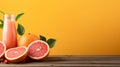 Refreshing grapefruit juice in glass on wooden table with soft orange background for text placement