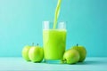 Refreshing green apple juice pouring into glass with fruit. Generative AI Royalty Free Stock Photo