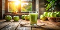 Refreshing green apple juice in rustic setting with sunlit window. Generative AI Royalty Free Stock Photo