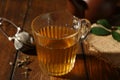 Refreshing green tea in cup on wooden table, closeup Royalty Free Stock Photo