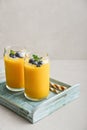 Refreshing and healthy mango smoothie with coconut flakes and fresh blueberries Royalty Free Stock Photo