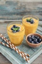 Refreshing and healthy mango smoothie in glasses with coconut flakes and fresh blueberries Royalty Free Stock Photo