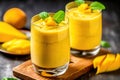 Refreshing and healthy mango smoothie in tall glasses. Generative AI Royalty Free Stock Photo