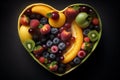 Refreshing Heart-Shaped Fruit Salad - Top View. Generative AI.