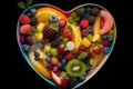 Refreshing Heart-Shaped Fruit Salad - Top View. Generative AI.