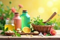 Refreshing herbal wellness scene with honey, citrus, and aromatic herbs. Generative AI Royalty Free Stock Photo