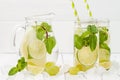 Refreshing homemade lime and mint cocktail over old vintage wooden table. Detox fruit infused flavored water. Clean eating