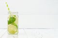 Refreshing homemade lime and mint cocktail over old vintage wooden table. Detox fruit infused flavored water. Clean eating