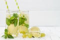 Refreshing homemade lime and mint cocktail over old vintage wooden table. Detox fruit infused flavored water. Clean eating Royalty Free Stock Photo