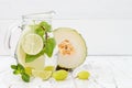 Refreshing homemade lime and mint cocktail over old vintage wooden table. Detox fruit infused flavored water. Clean eating Royalty Free Stock Photo