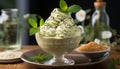 Refreshing homemade mint leaf ice cream on wooden table generated by AI