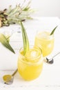 Refreshing homemade pineapple juice with ice. Fresh and tropical drink for summer Royalty Free Stock Photo